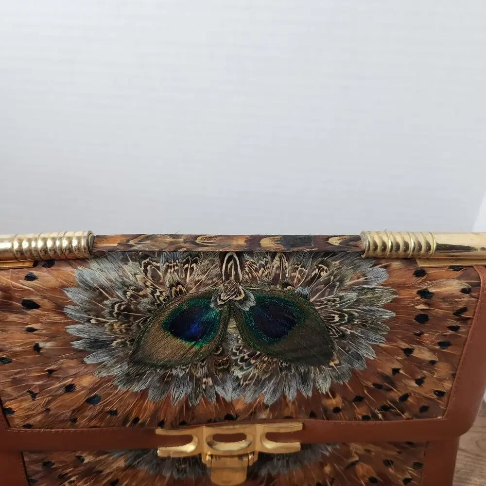 Vintage Peacock Feather Handbag 1950s 60s Real Feather Purse Gold Clasp